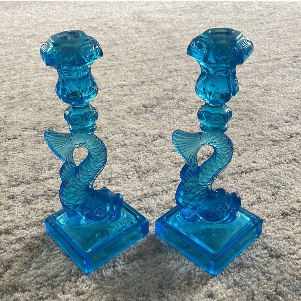 MoMA pair of blue glass impressionist dolphin candlesticks